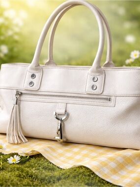 Cream Leather Shoulder Bag with Tassel and Silver Hardware